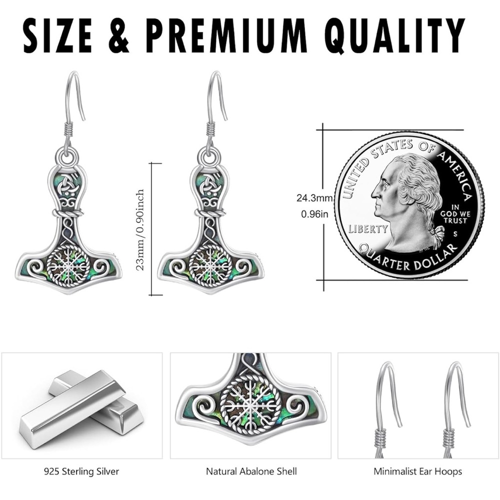 Viking Earrings Tree of Life 925 Sterling Silver Thor Hammer Compass Dangle Drop - Picture 5 of 7